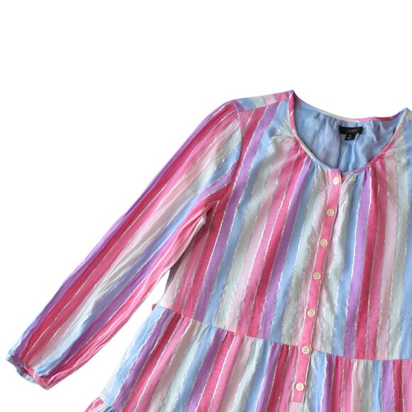J. Crew Pastels Pink Striped Cotton Tiered Button Up Dress Size Small - Picture 3 of 8